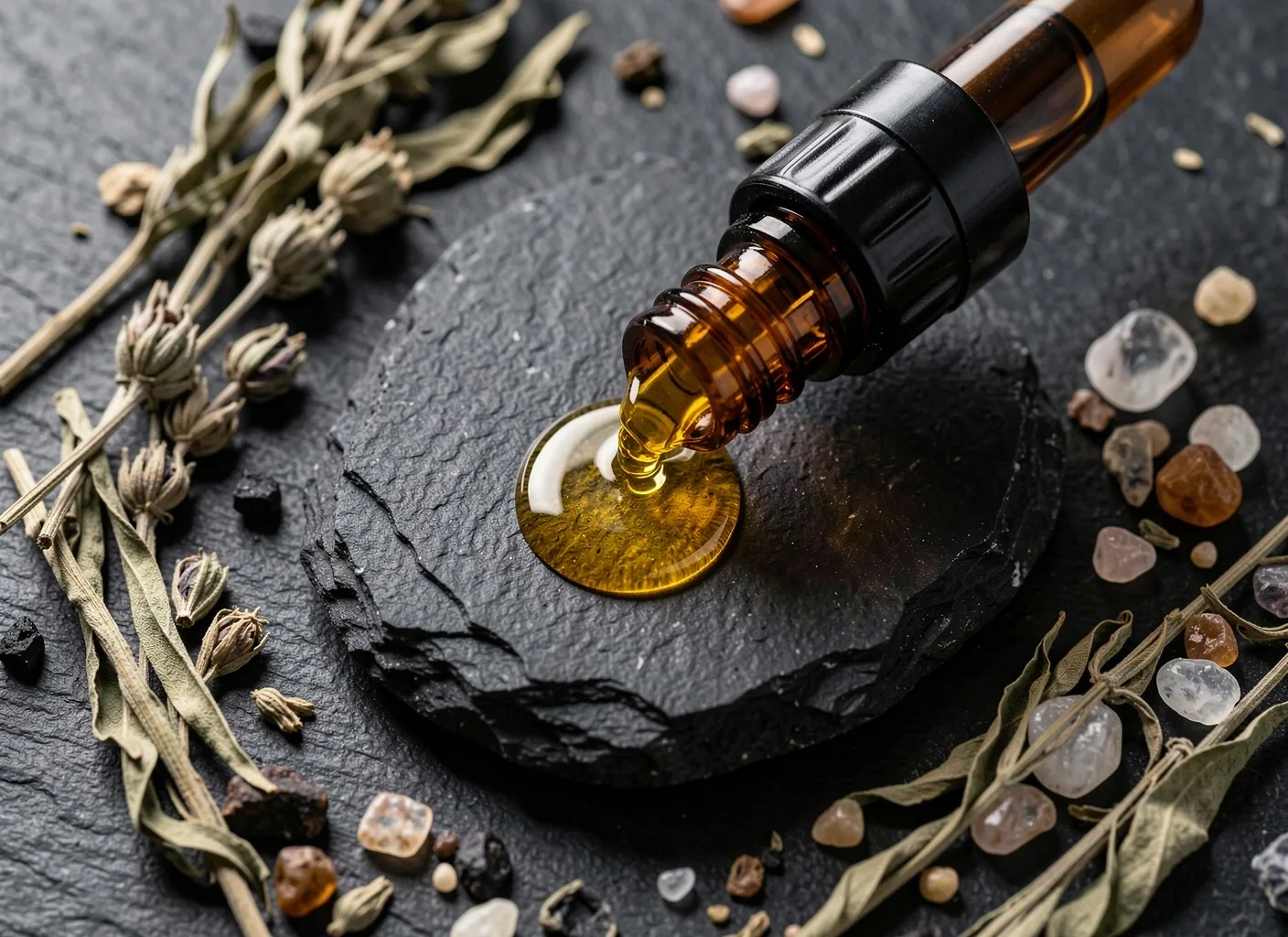 Natural supplement ingredients on dark surface