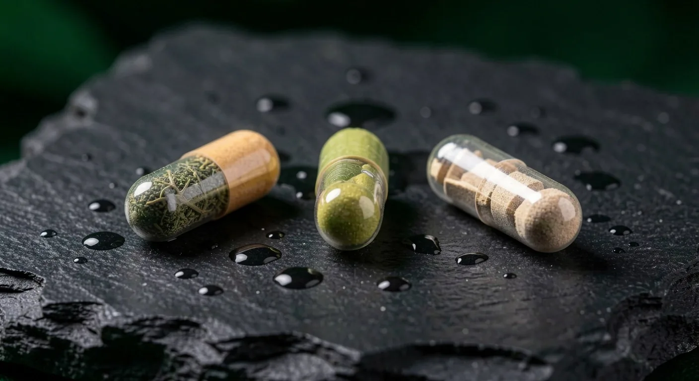 Natural supplement capsules arranged on dark surface