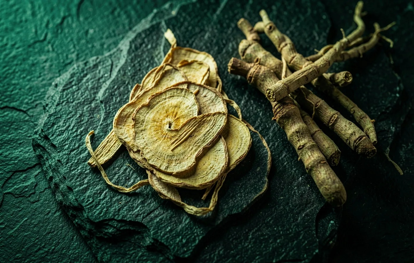 Raw supplement ingredients on dark surface