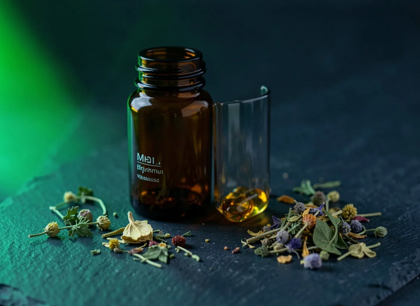 Natural supplement bottles arranged on a dark surface