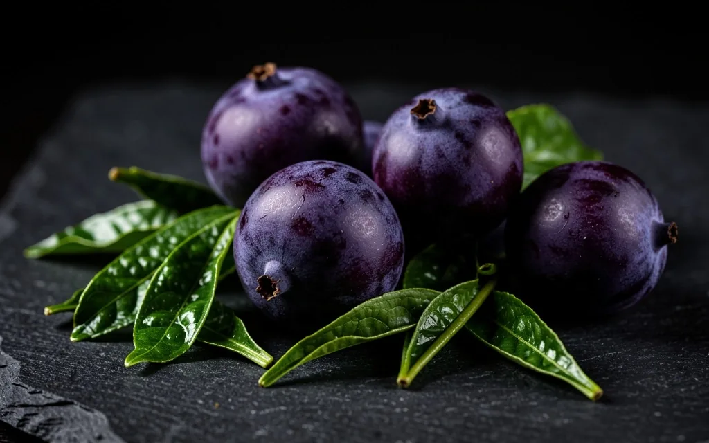 Dark berries and green tea leaves on a dark surface