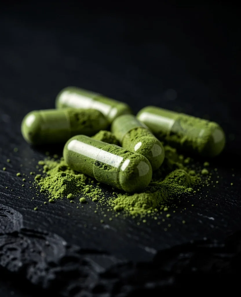 Natural supplement capsules on dark surface