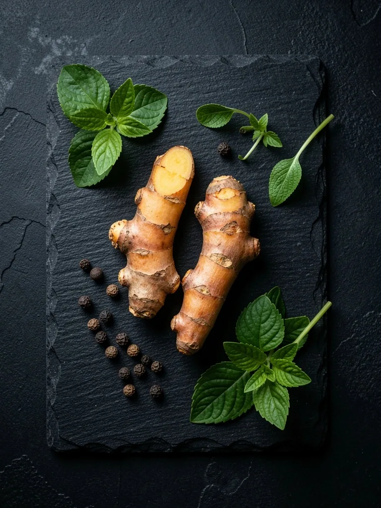 Raw botanical ingredients on dark surface