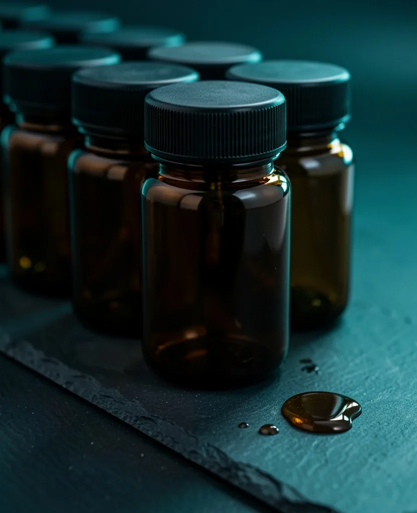 Dark glass supplement bottles on dark surface
