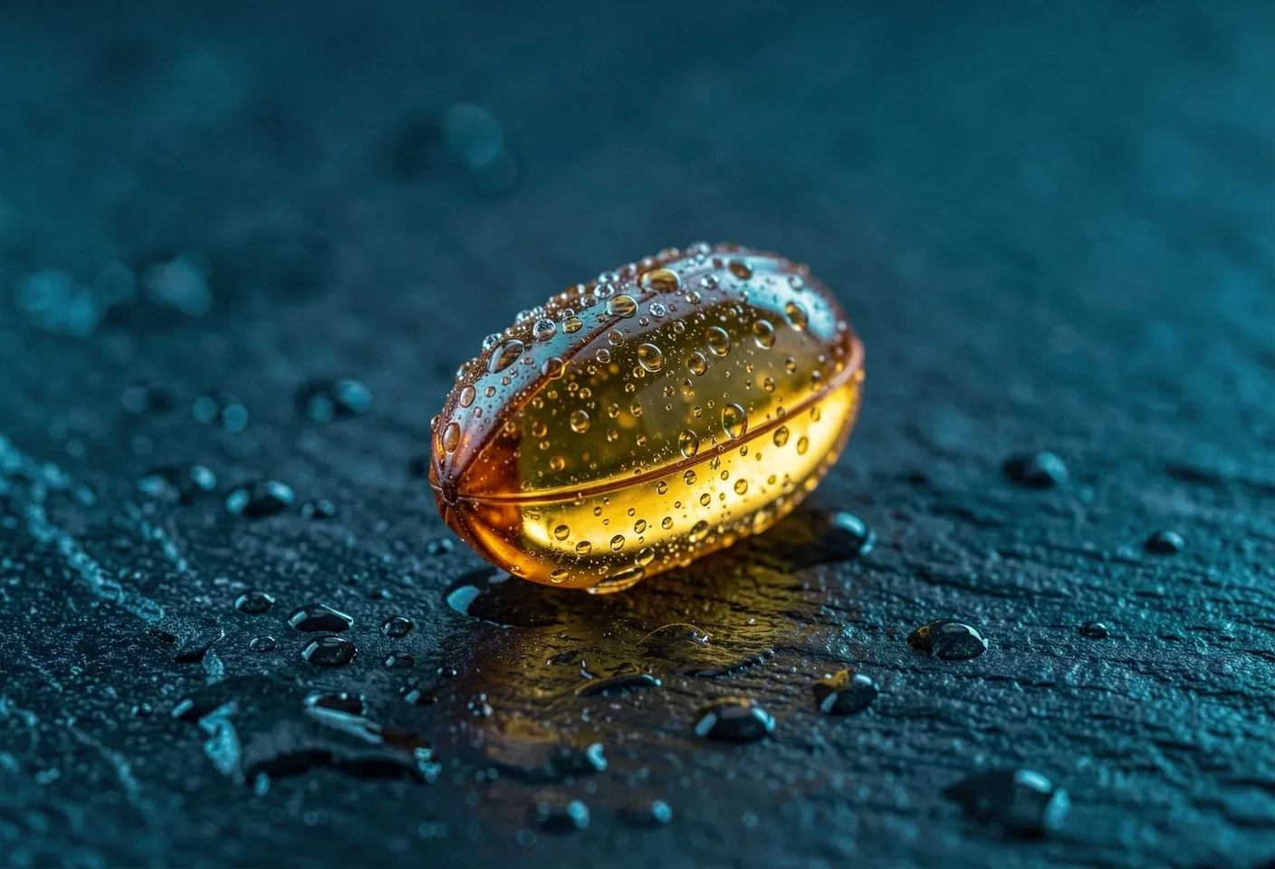 Natural supplement capsule macro detail on dark surface