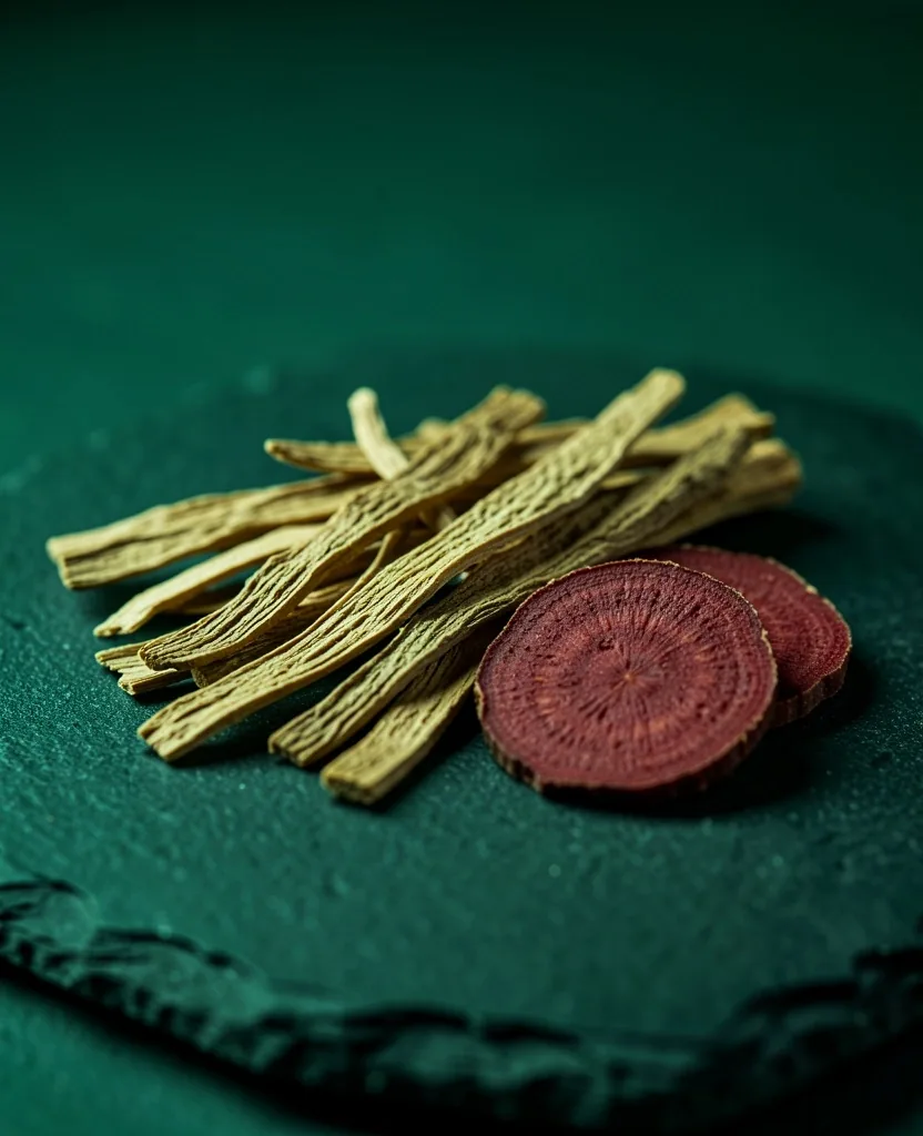 Raw botanical and mineral ingredients on dark surface