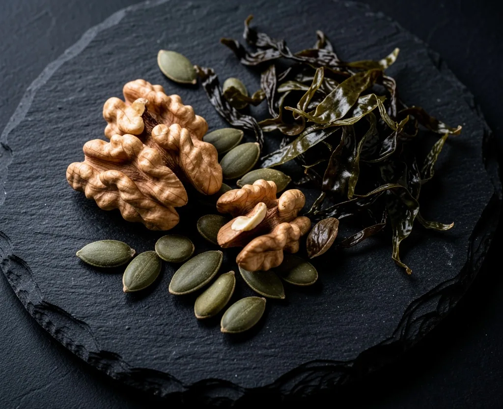 Natural supplement ingredients arranged on a dark surface