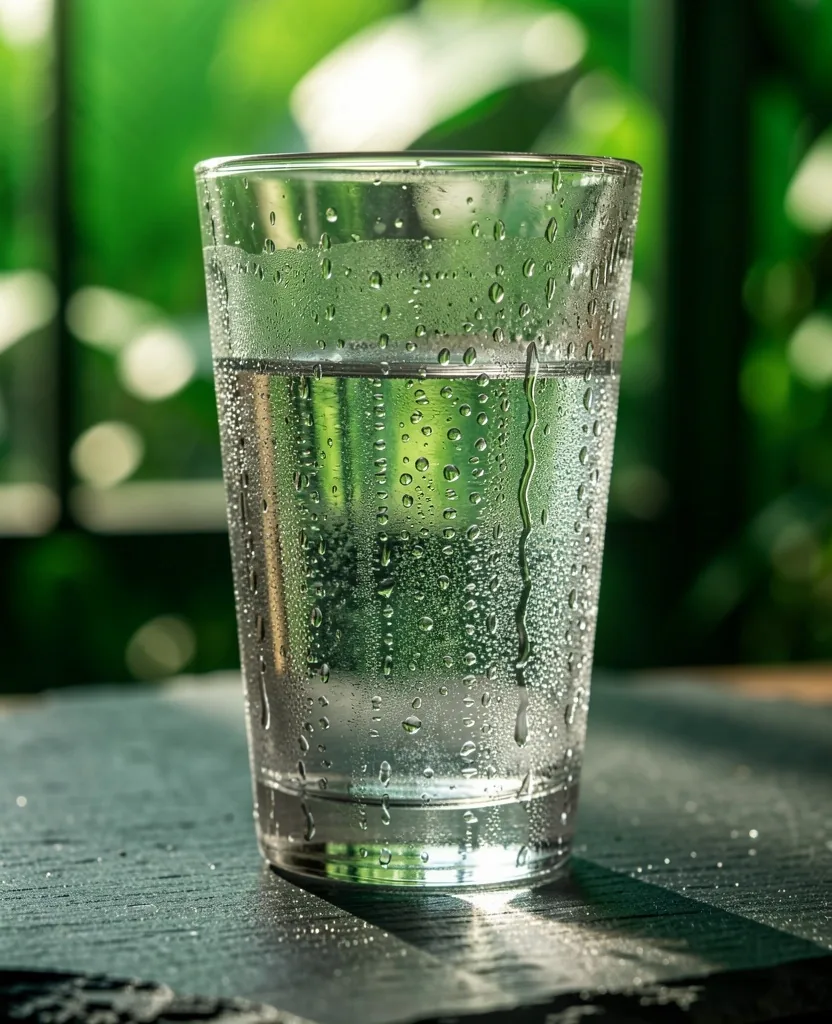 A glass of water with condensation on a dark surface