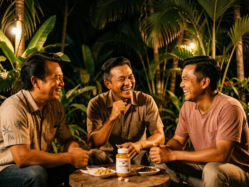 A group of men sharing conversation at an evening gathering