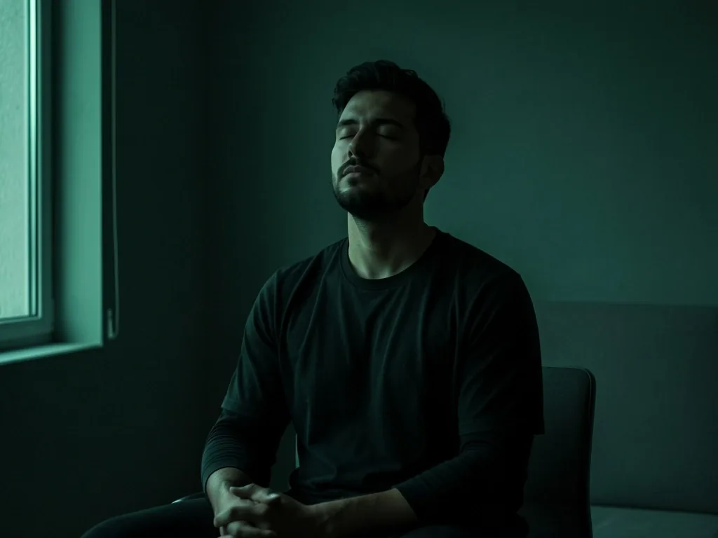 A man practicing deep breathing in a quiet, dimly lit room